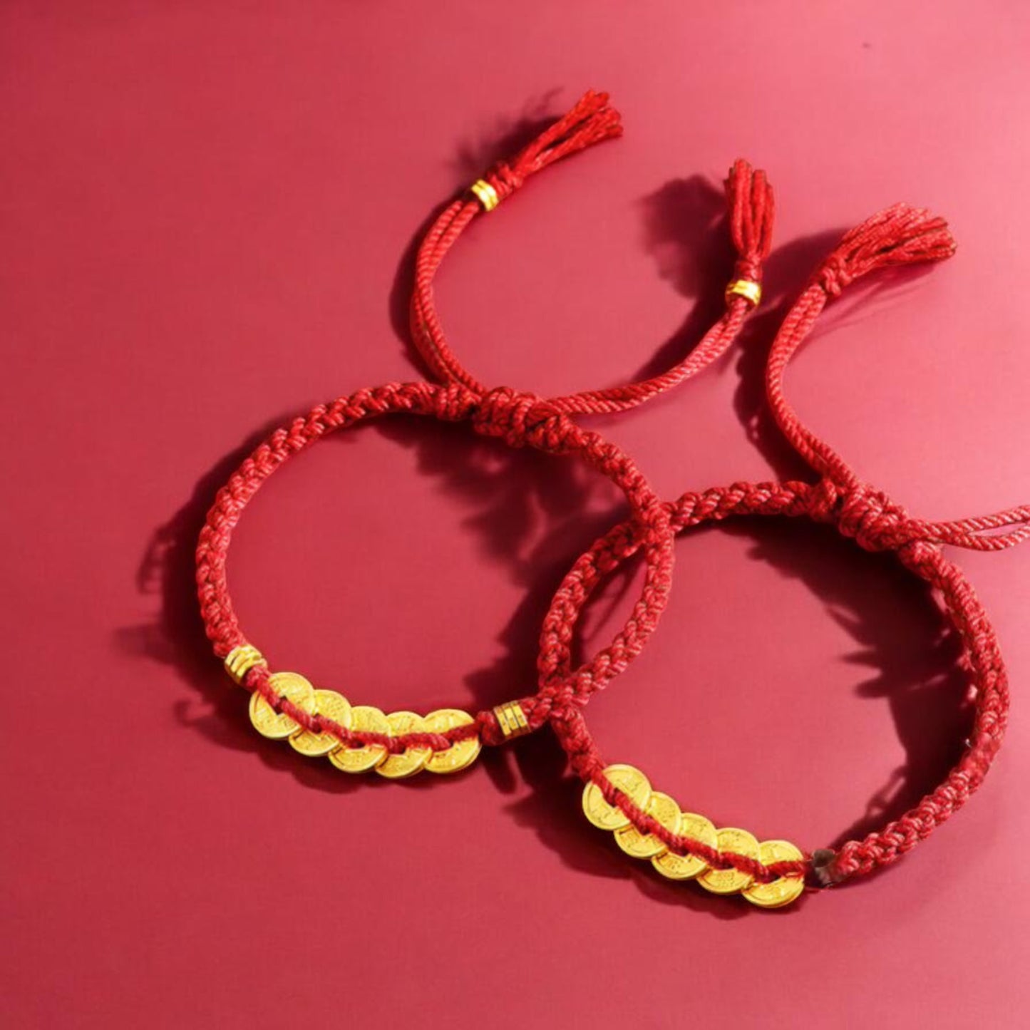 24k 999 Gold Five Emperor Coins Gourd Charm Red Rope Bracelet