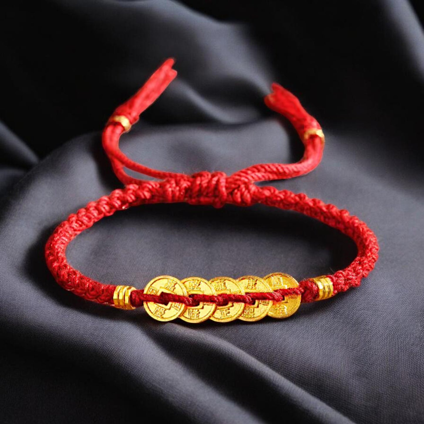 24k 999 Gold Five Emperor Coins Gourd Charm Red Rope Bracelet
