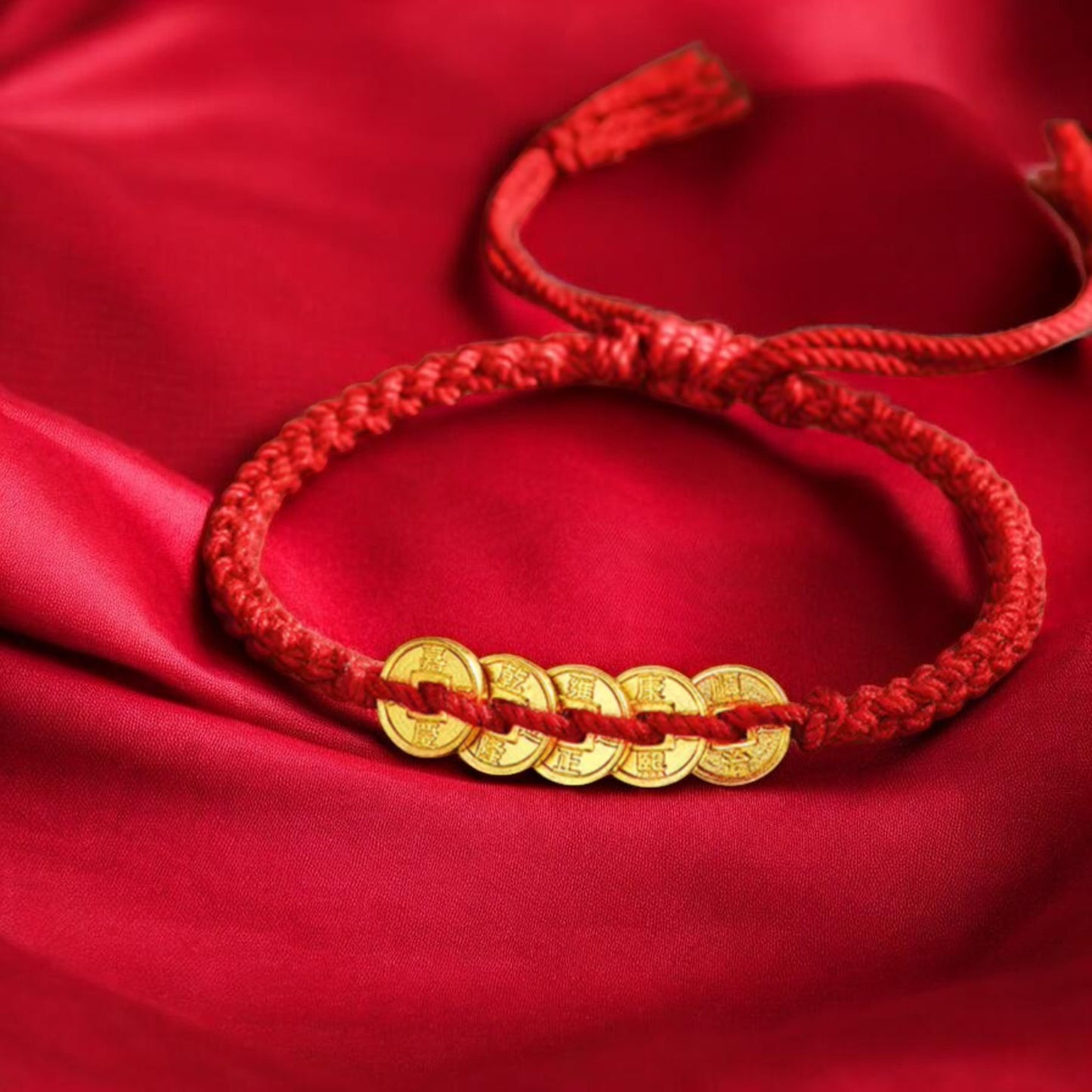 24k 999 Gold Five Emperor Coins Gourd Charm Red Rope Bracelet