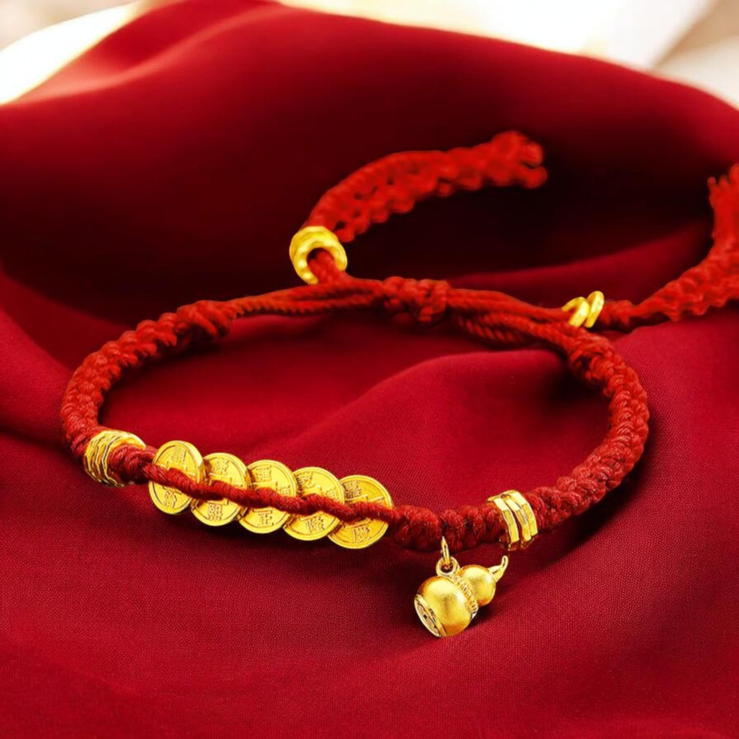 24k 999 Gold Five Emperor Coins Gourd Charm Red Rope Bracelet