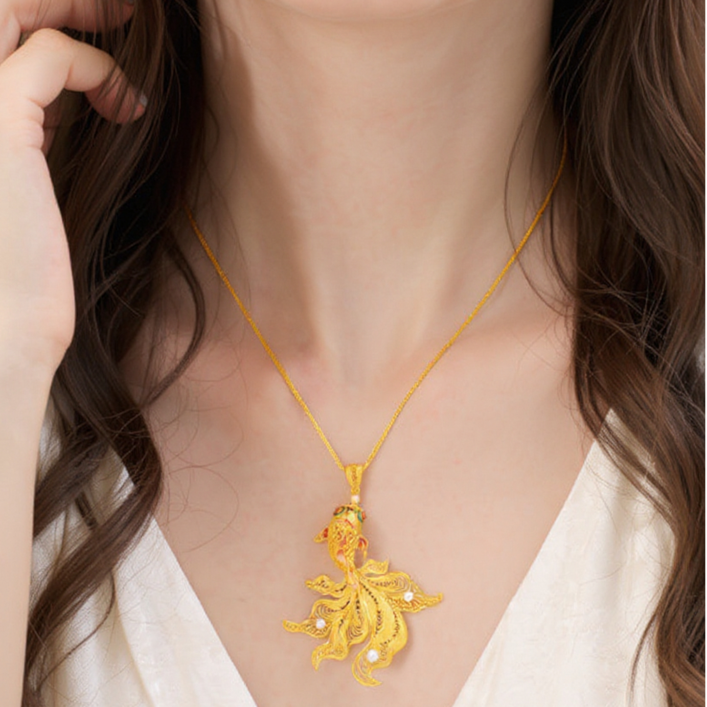 24k Real 999 Gold Enamel Koi Fish Pendant with Pearl