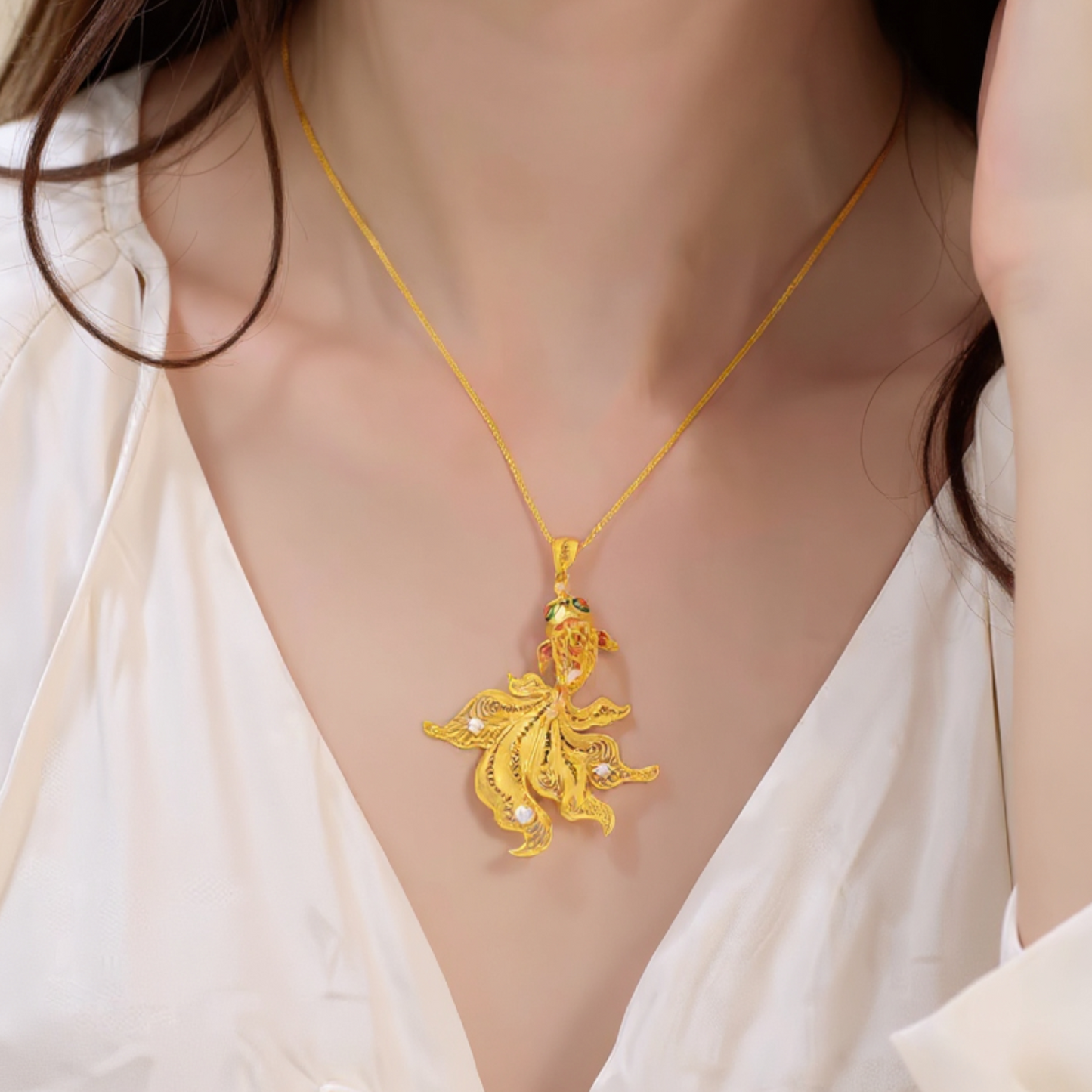 24k Real 999 Gold Enamel Koi Fish Pendant with Pearl