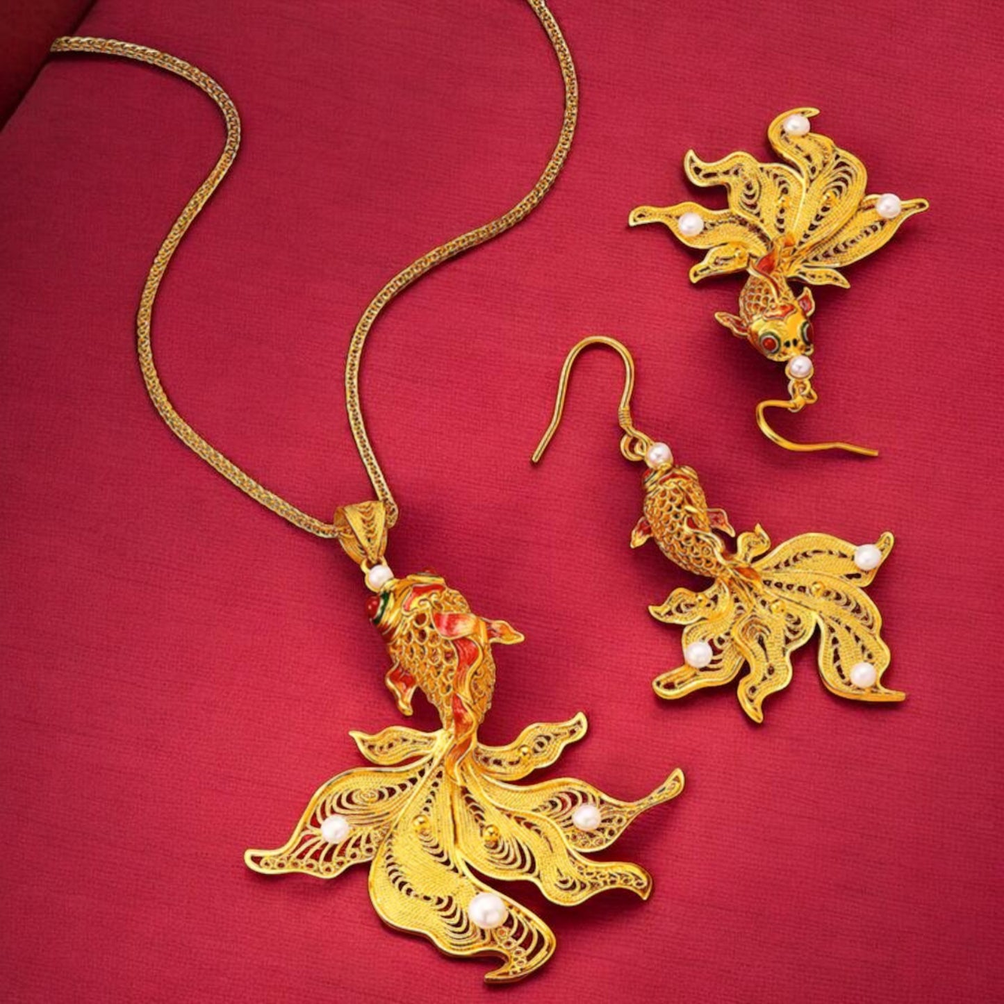 24k Real 999 Gold Enamel Koi Fish Pendant with Pearl