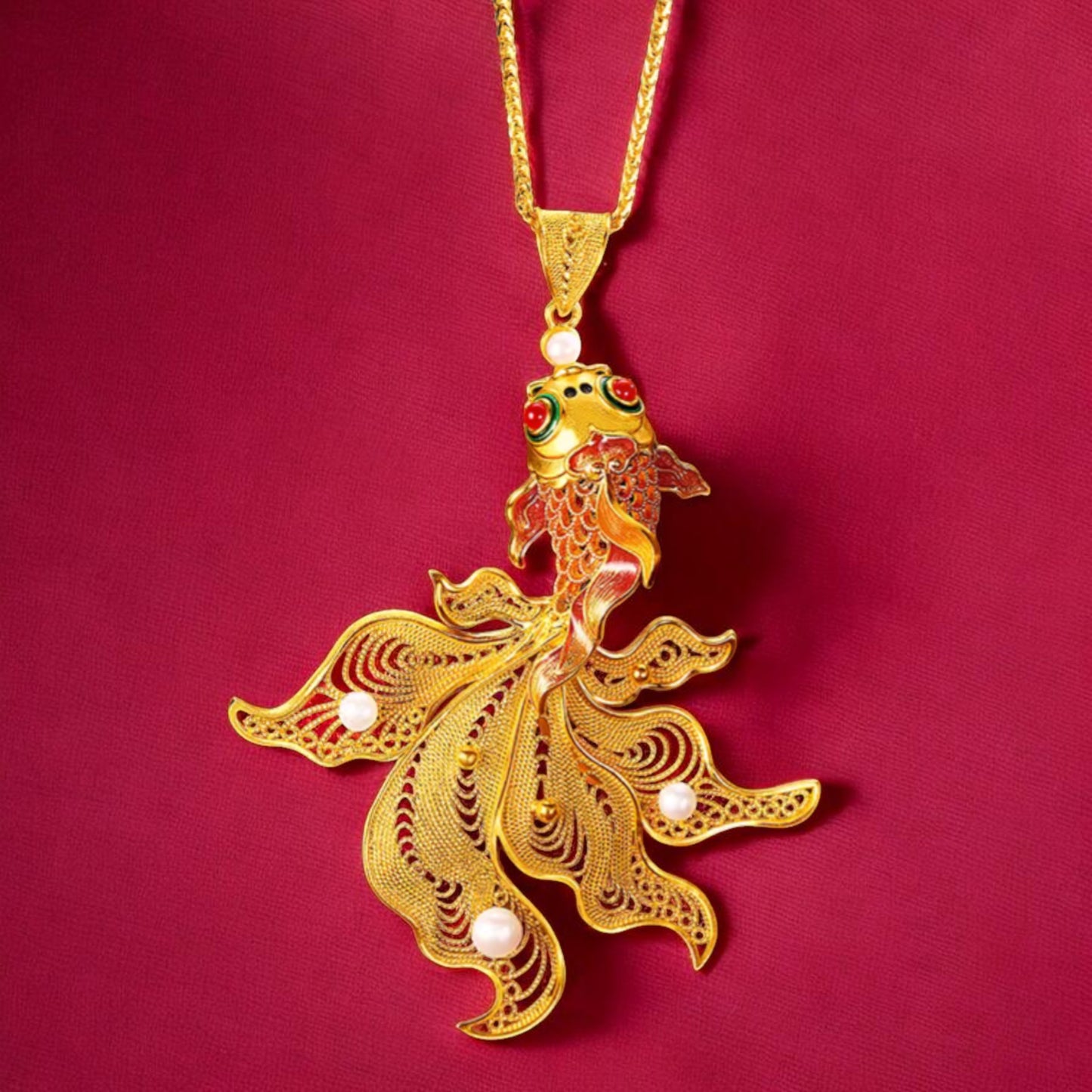 24k Real 999 Gold Enamel Koi Fish Pendant with Pearl