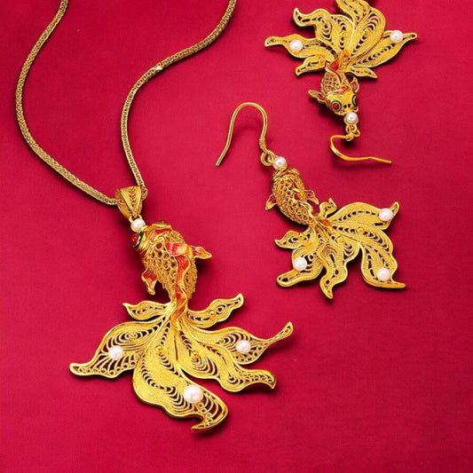 24k Real 999 Gold Enamel Koi Fish Pendant with Pearl