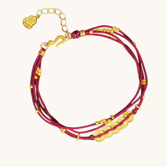 24k 999 Gold Lucky Five Emperor Coins Charm Layers Red Rope Bracelet