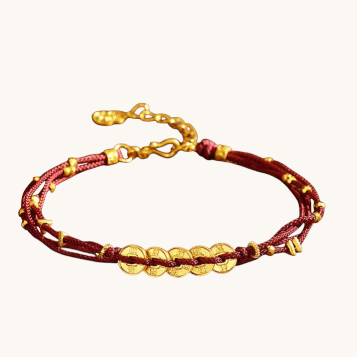24k 999 Gold Lucky Five Emperor Coins Charm Layers Red Rope Bracelet