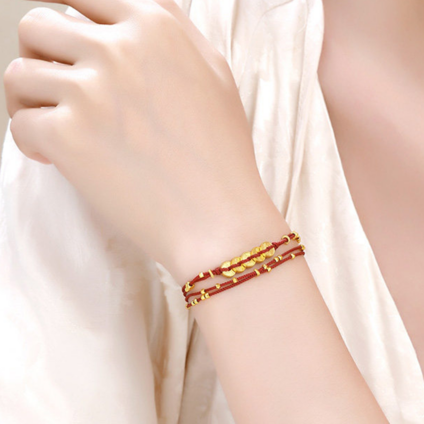 24k 999 Gold Lucky Five Emperor Coins Charm Layers Red Rope Bracelet