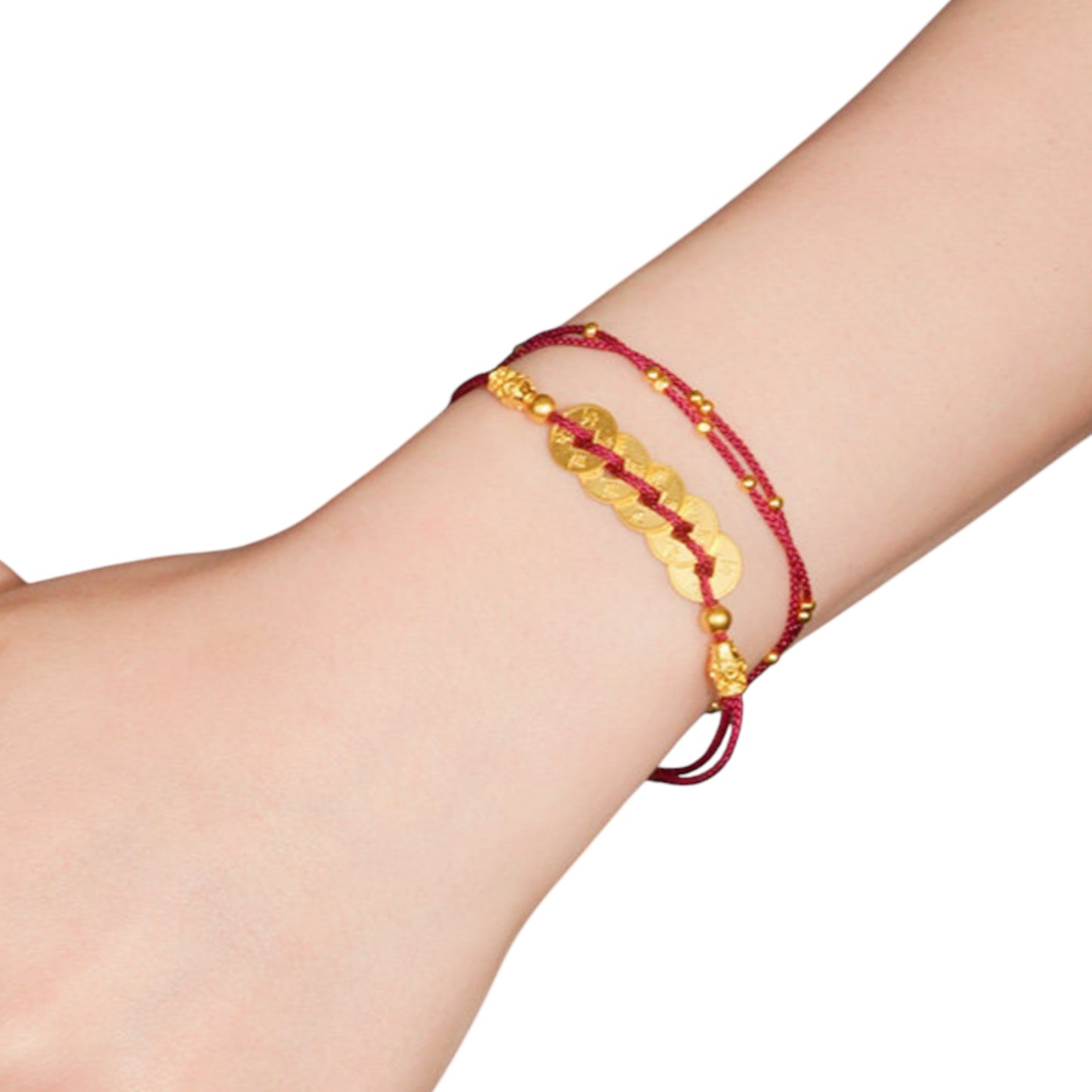 24k 999 Gold Lucky Five Emperor Coins Charm Layers Red Rope Bracelet