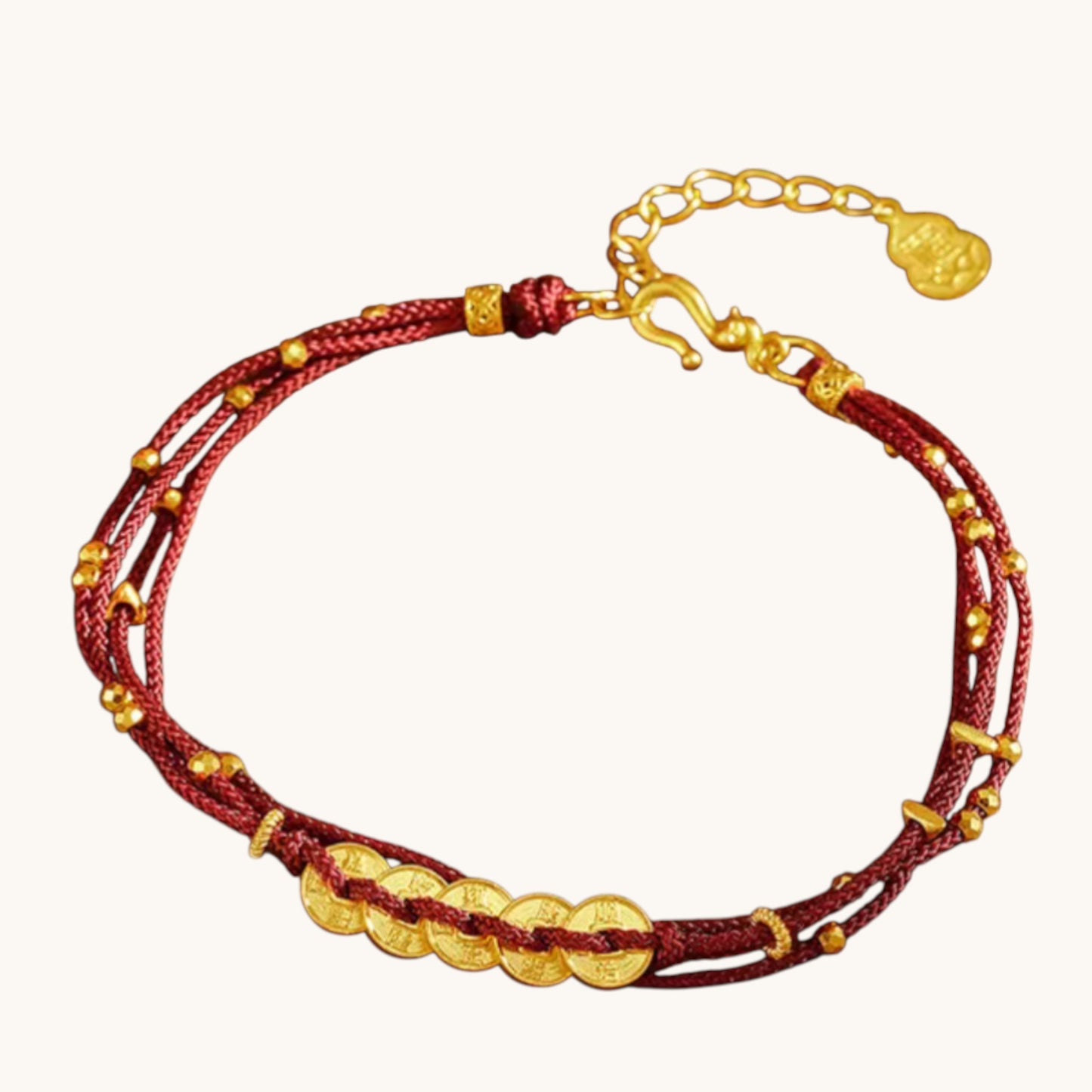 24k 999 Gold Lucky Five Emperor Coins Charm Layers Red Rope Bracelet
