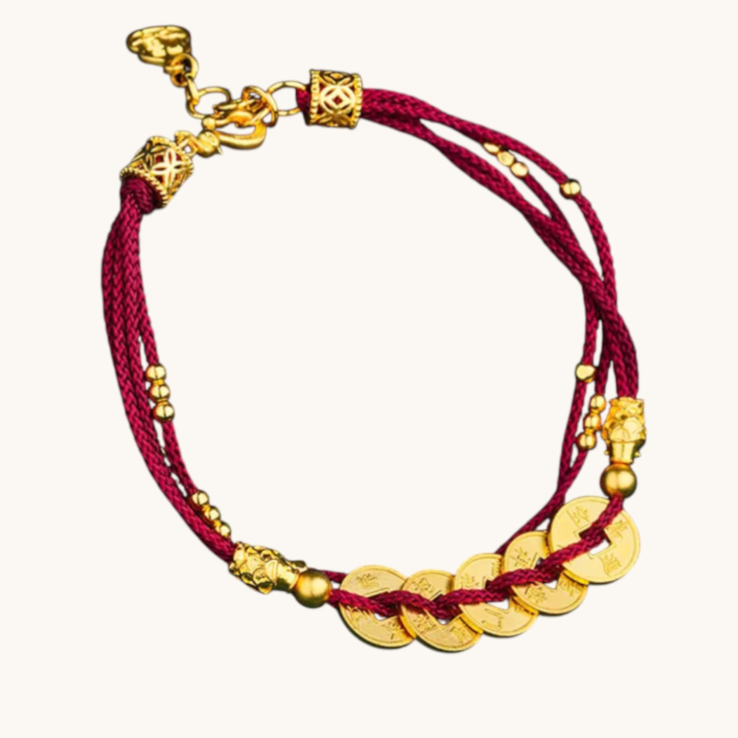 24k 999 Gold Lucky Five Emperor Coins Charm Layers Red Rope Bracelet