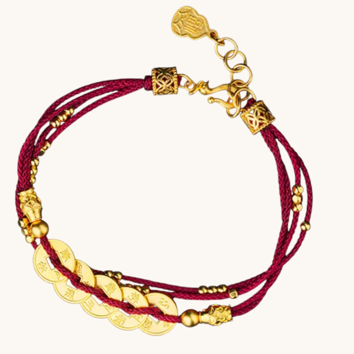 24k 999 Gold Lucky Five Emperor Coins Charm Layers Red Rope Bracelet