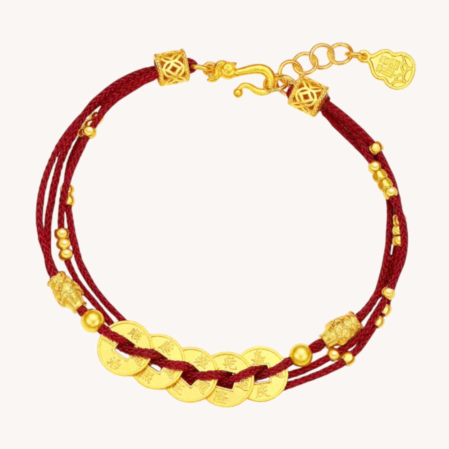 24k 999 Gold Lucky Five Emperor Coins Charm Layers Red Rope Bracelet