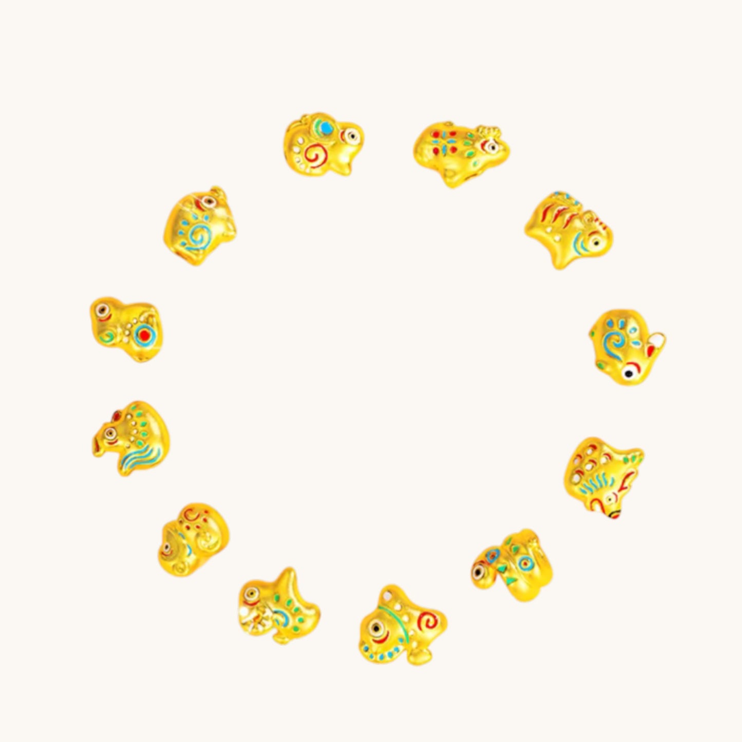 24K 999 Gold Mini Cute Enamel Chinese Zodiac Animal D.I.Y Charm Spacer Bead