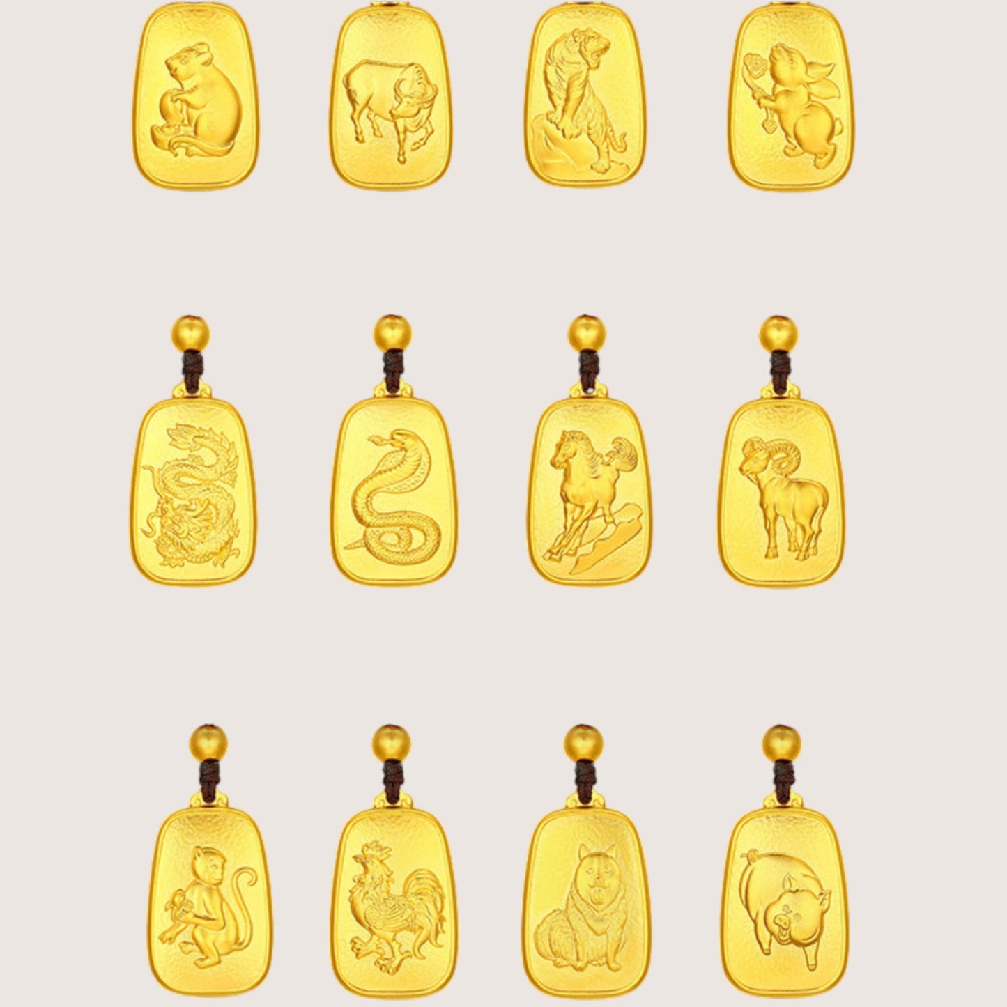 24K 999 Gold Chinese Zodiac Animal Pendant Rope Necklace