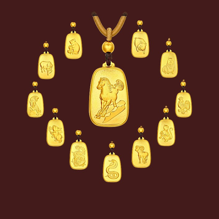 24K 999 Gold Chinese Zodiac Animal Pendant Rope Necklace