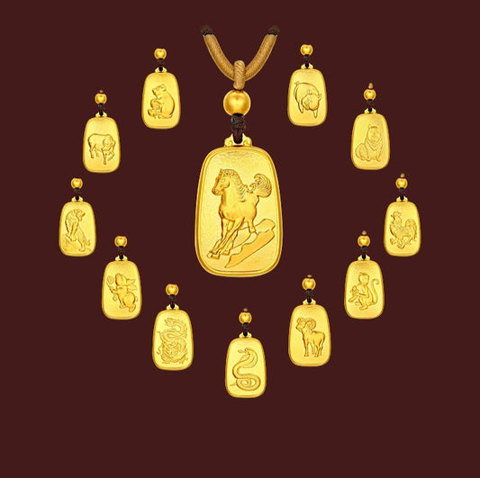 24K 999 Gold Chinese Zodiac Animal Pendant Rope Necklace