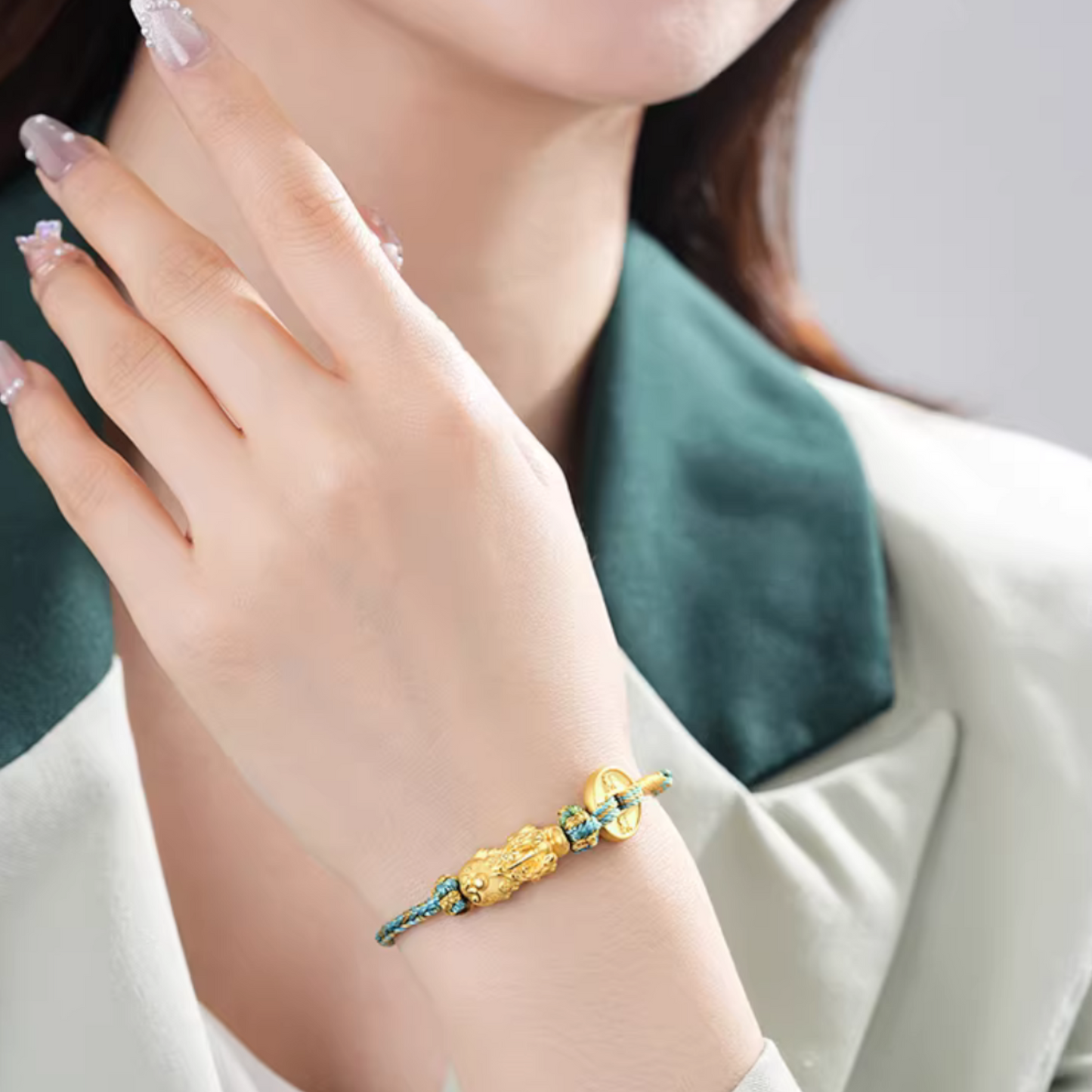 24K 999 Gold Pixiu Charm Coin Woven Rope Braided Bracelet