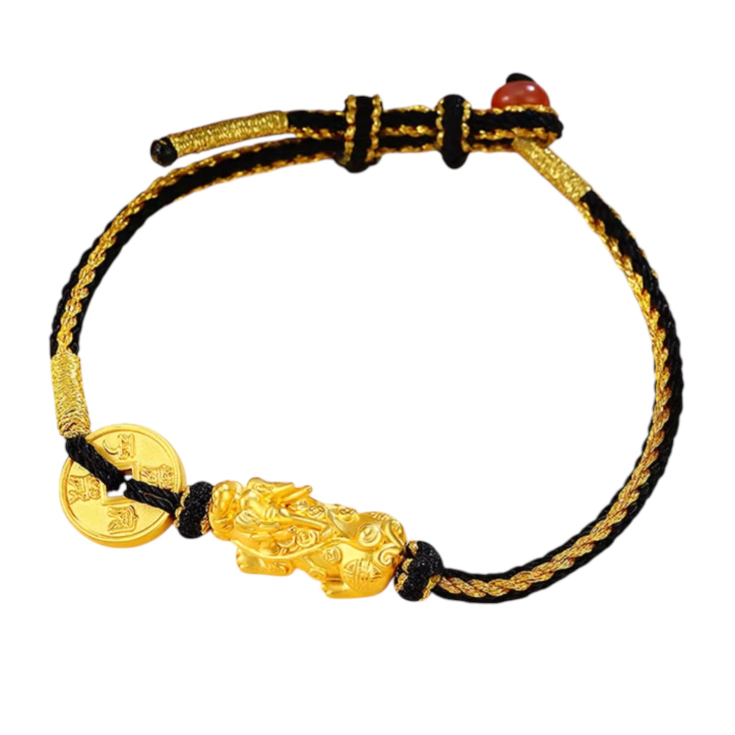 24K 999 Gold Pixiu Charm Coin Woven Rope Braided Bracelet