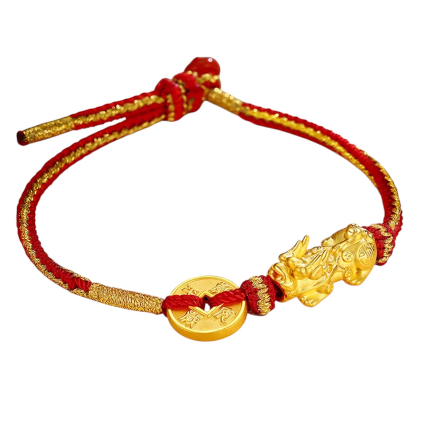 24K 999 Gold Pixiu Charm Coin Woven Rope Braided Bracelet