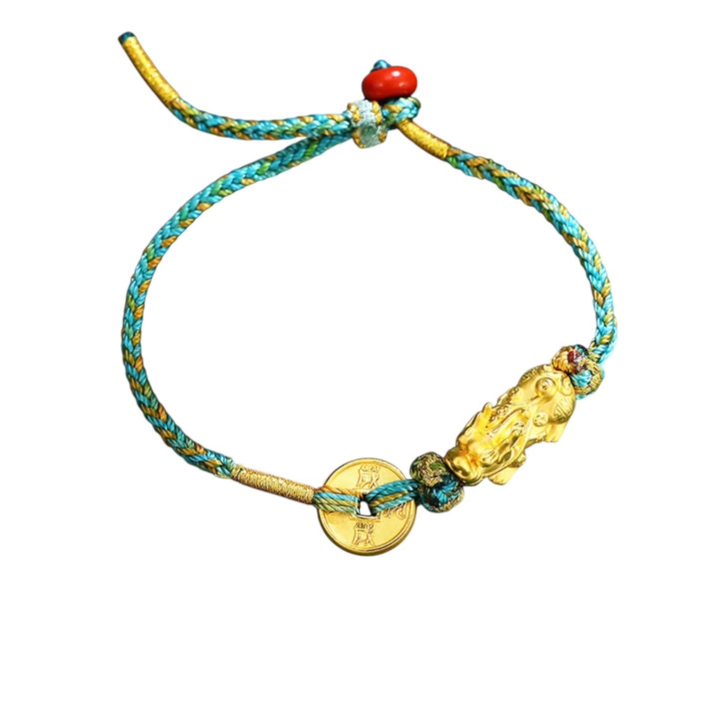 24K 999 Gold Pixiu Charm Coin Woven Rope Braided Bracelet