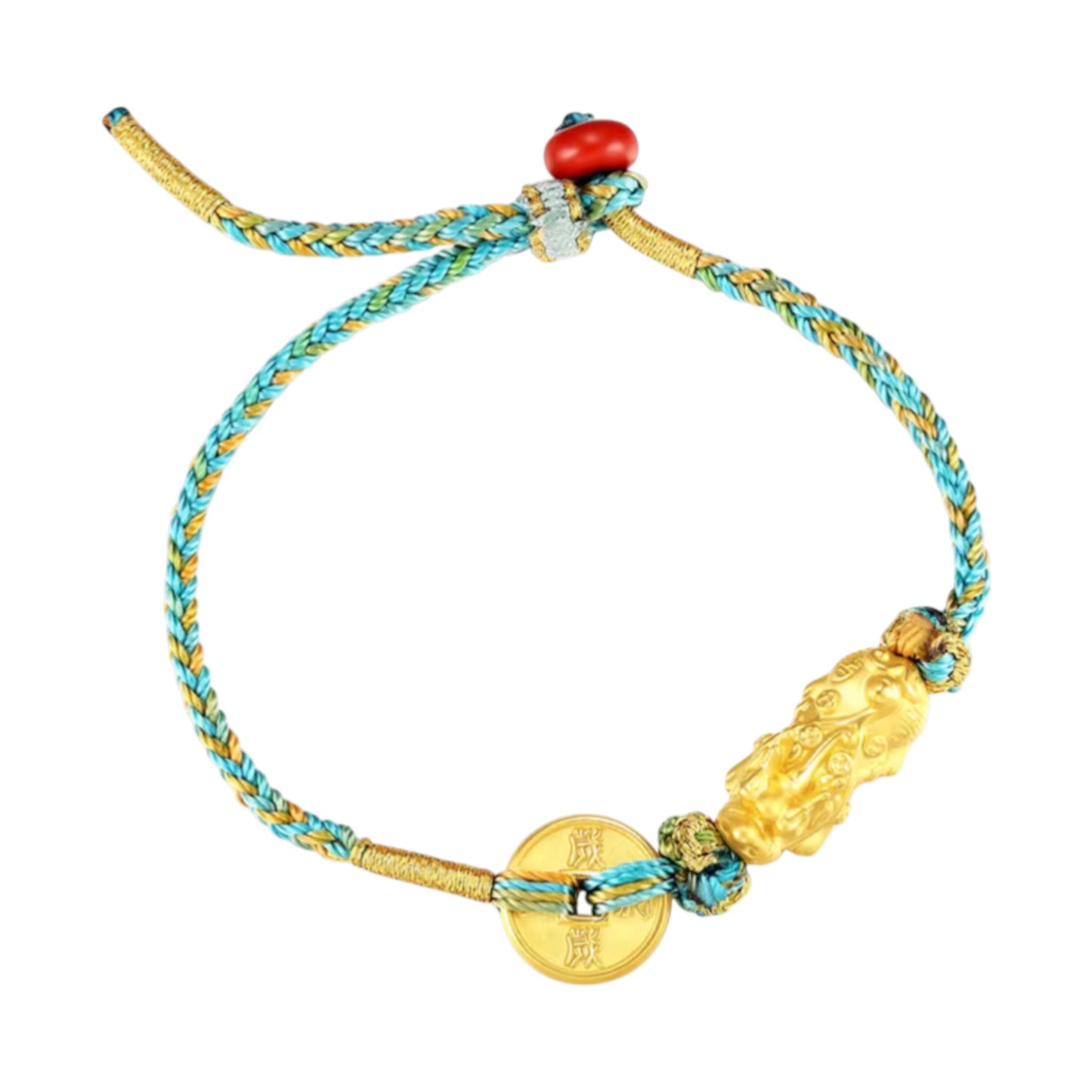 24K 999 Gold Pixiu Charm Coin Woven Rope Braided Bracelet