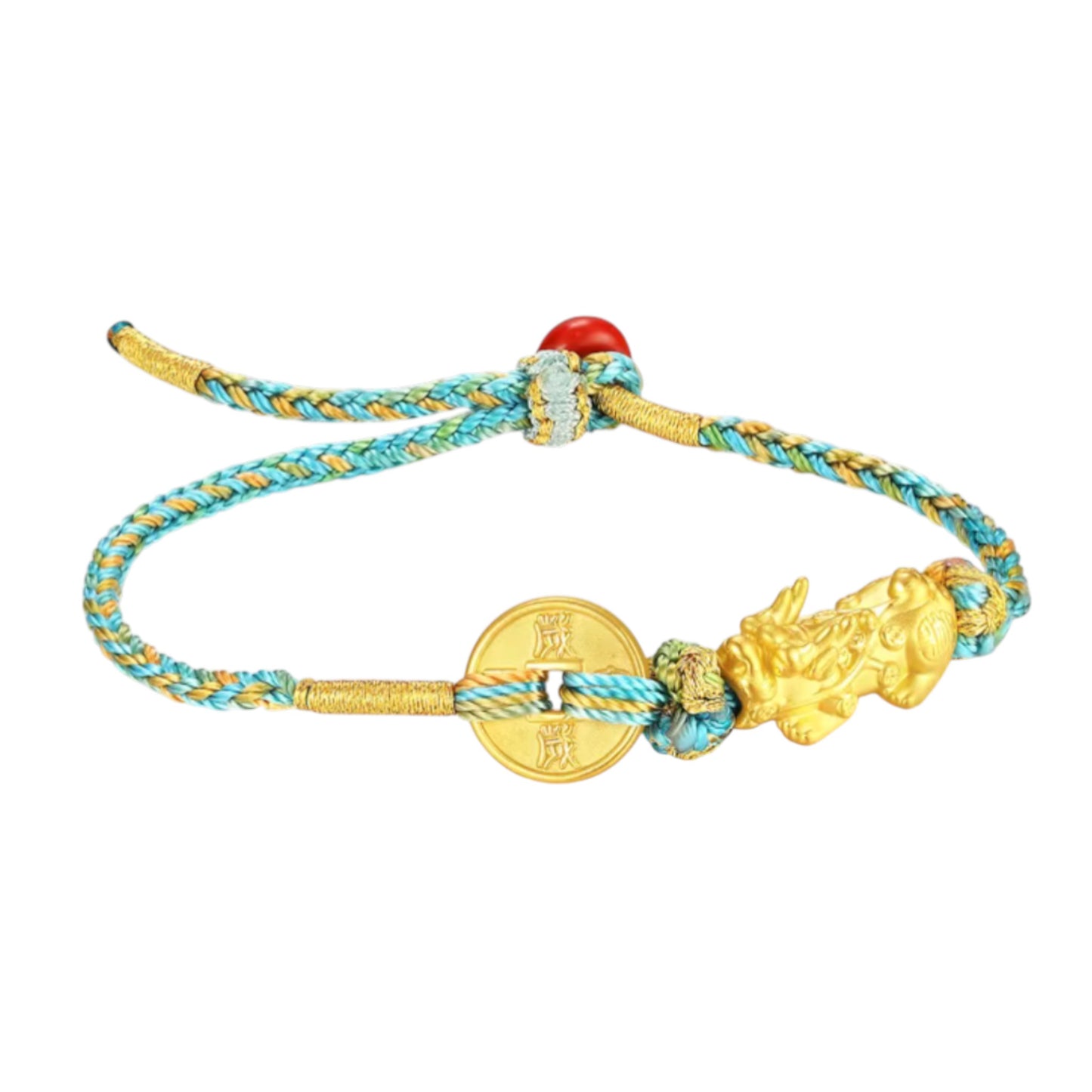24K 999 Gold Pixiu Charm Coin Woven Rope Braided Bracelet