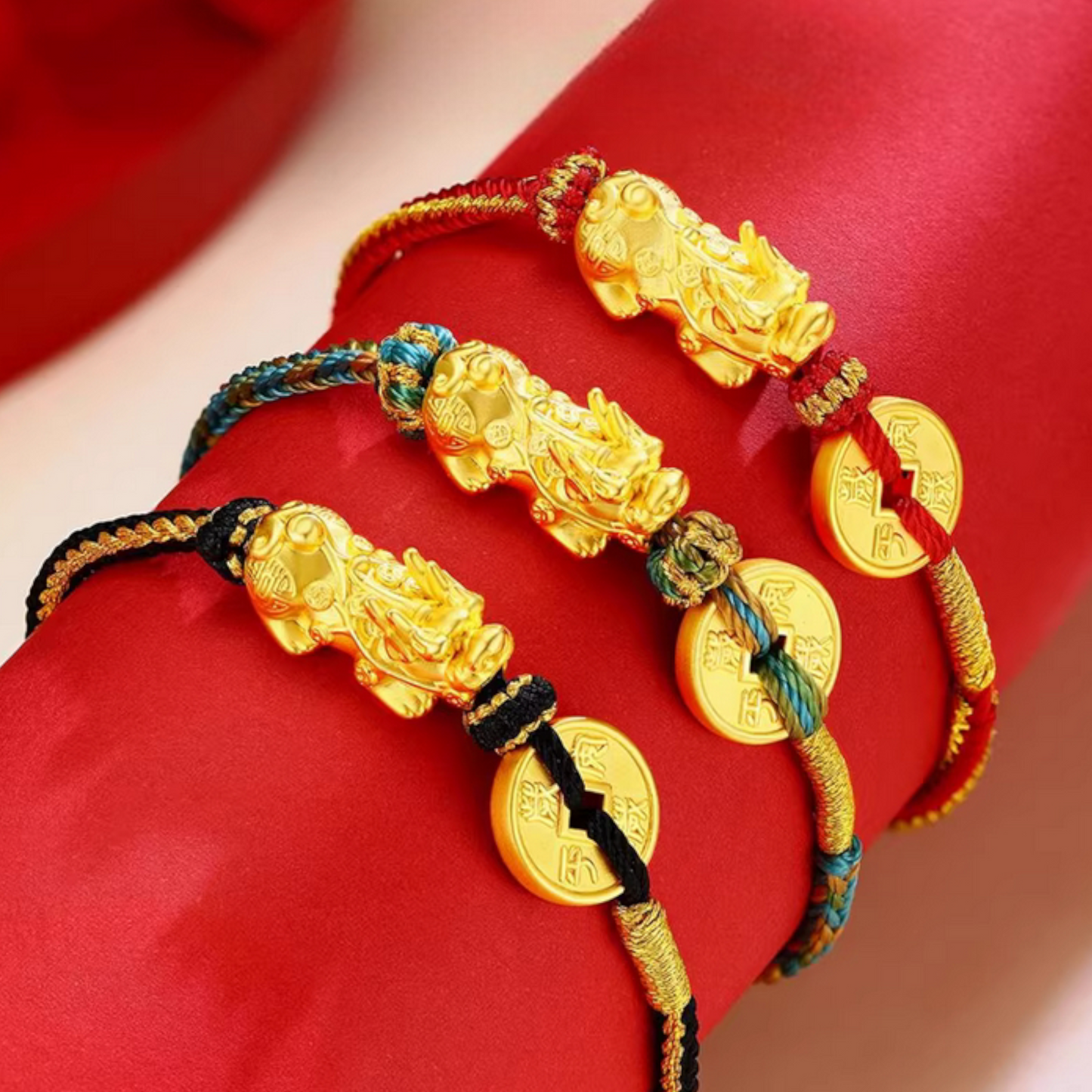 24K 999 Gold Pixiu Charm Coin Woven Rope Braided Bracelet