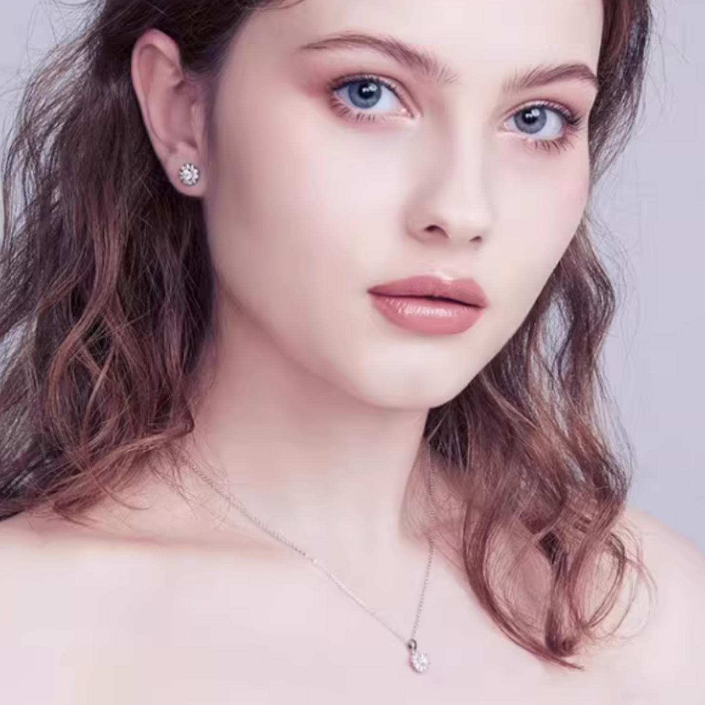 18K White Gold Minimal Diamond Wedding Bridal Stud Earrings and Necklace