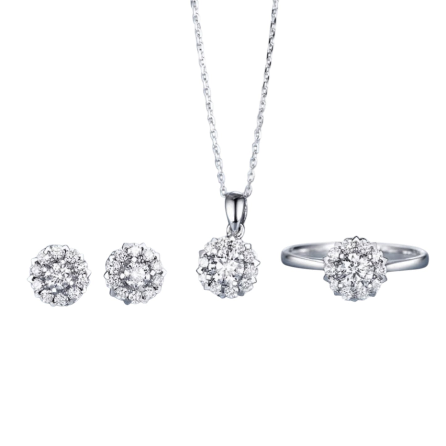 18K White Gold Minimal Diamond Wedding Bridal Stud Earrings and Necklace