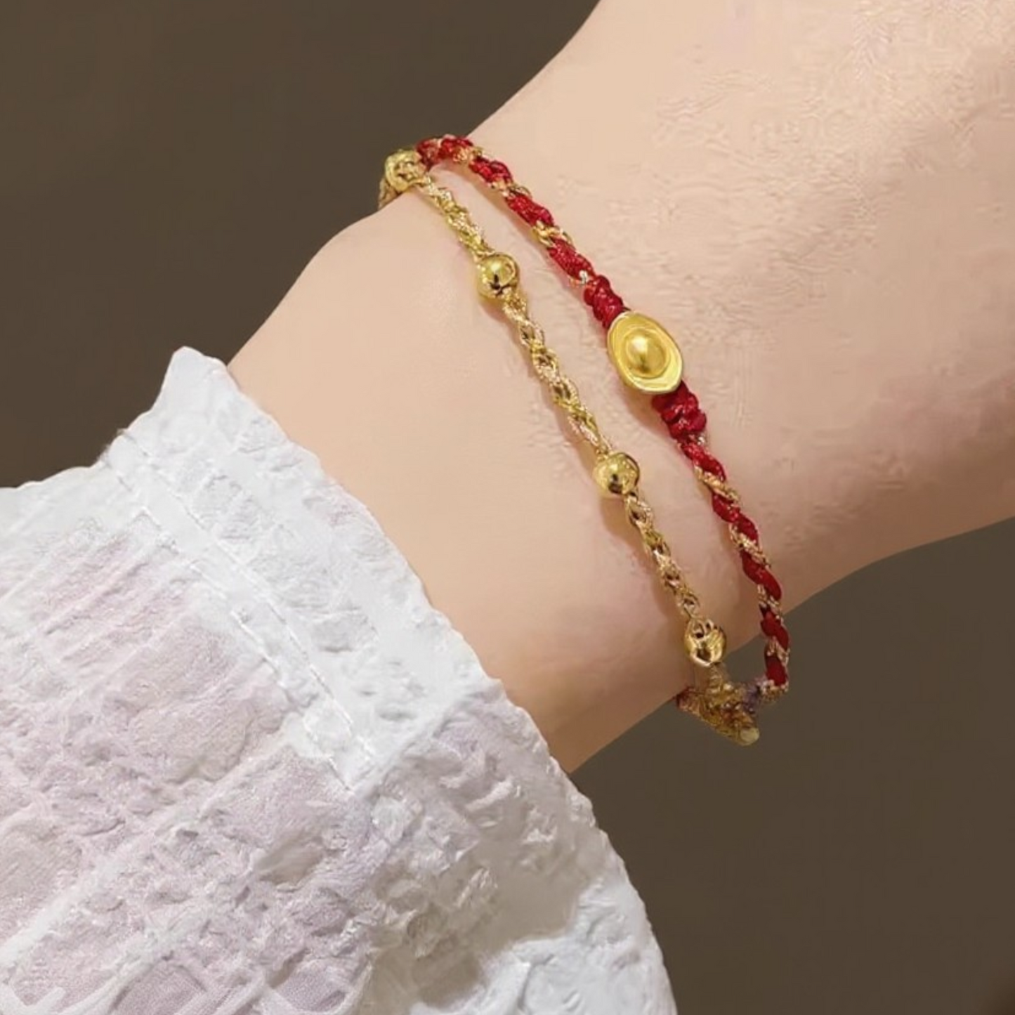 24K 999 Gold Blessing Charm Ingot Charm Double Layer Beads Bracelet