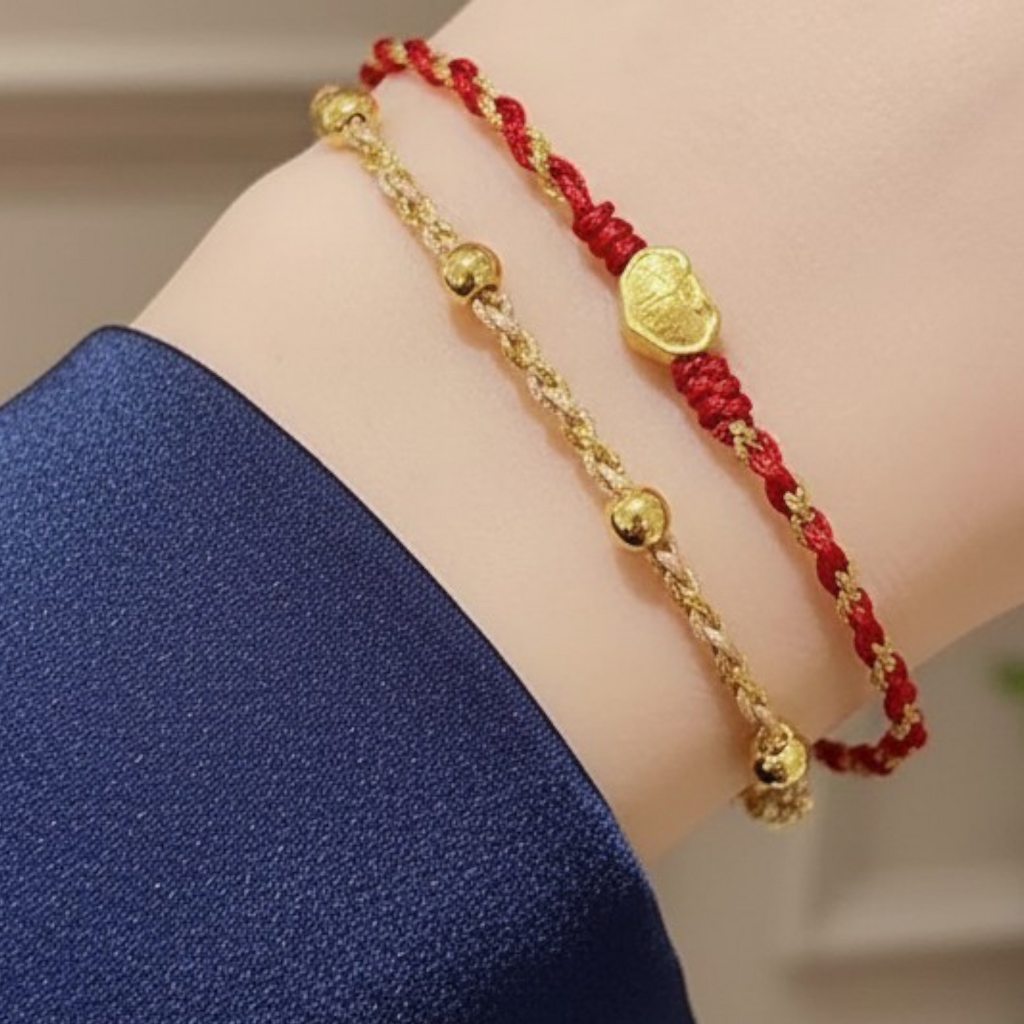 24K 999 Gold Blessing Charm Ingot Charm Double Layer Beads Bracelet
