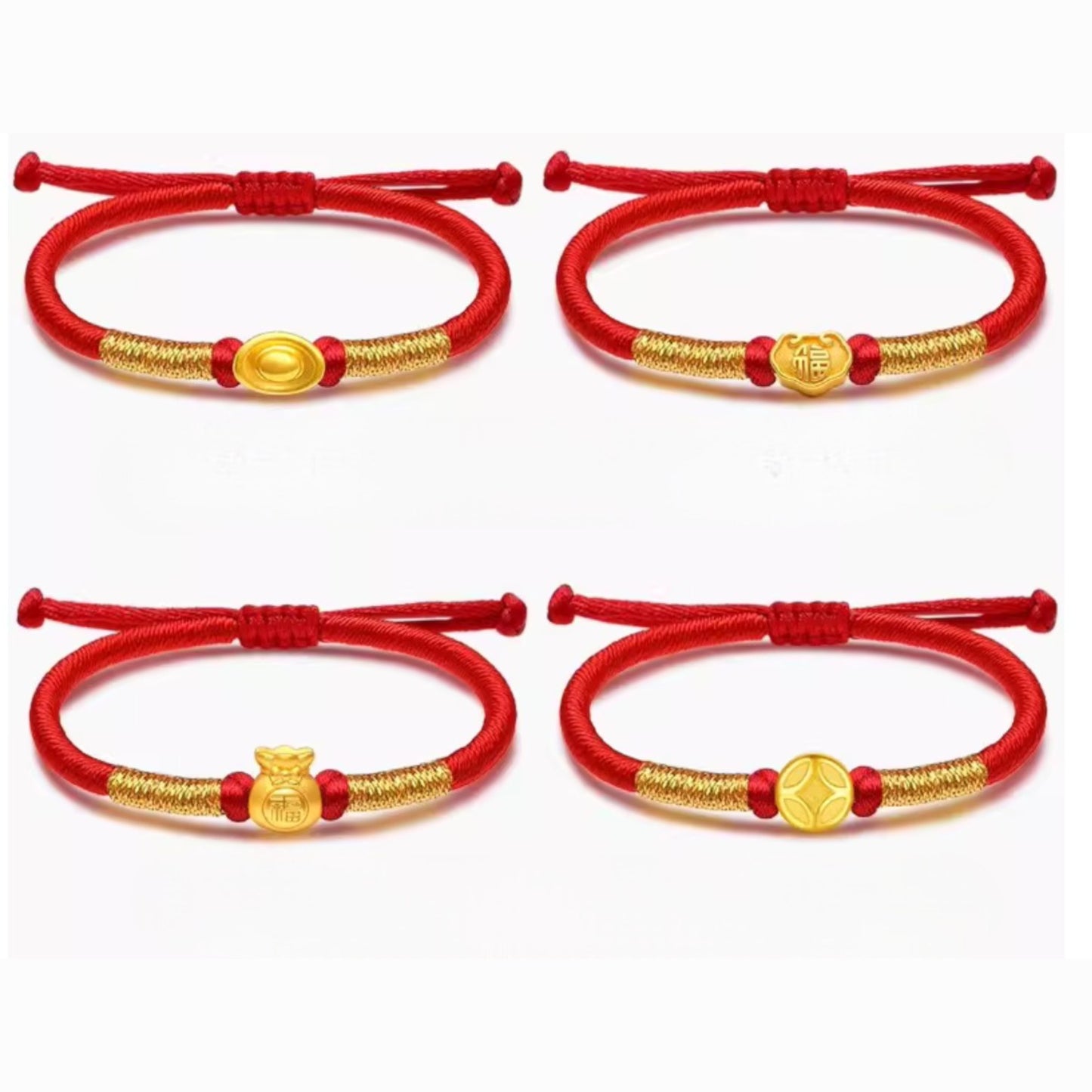 24K 999 Gold Blessing Charm Ingot Charm Beads Adjustable Bracelet