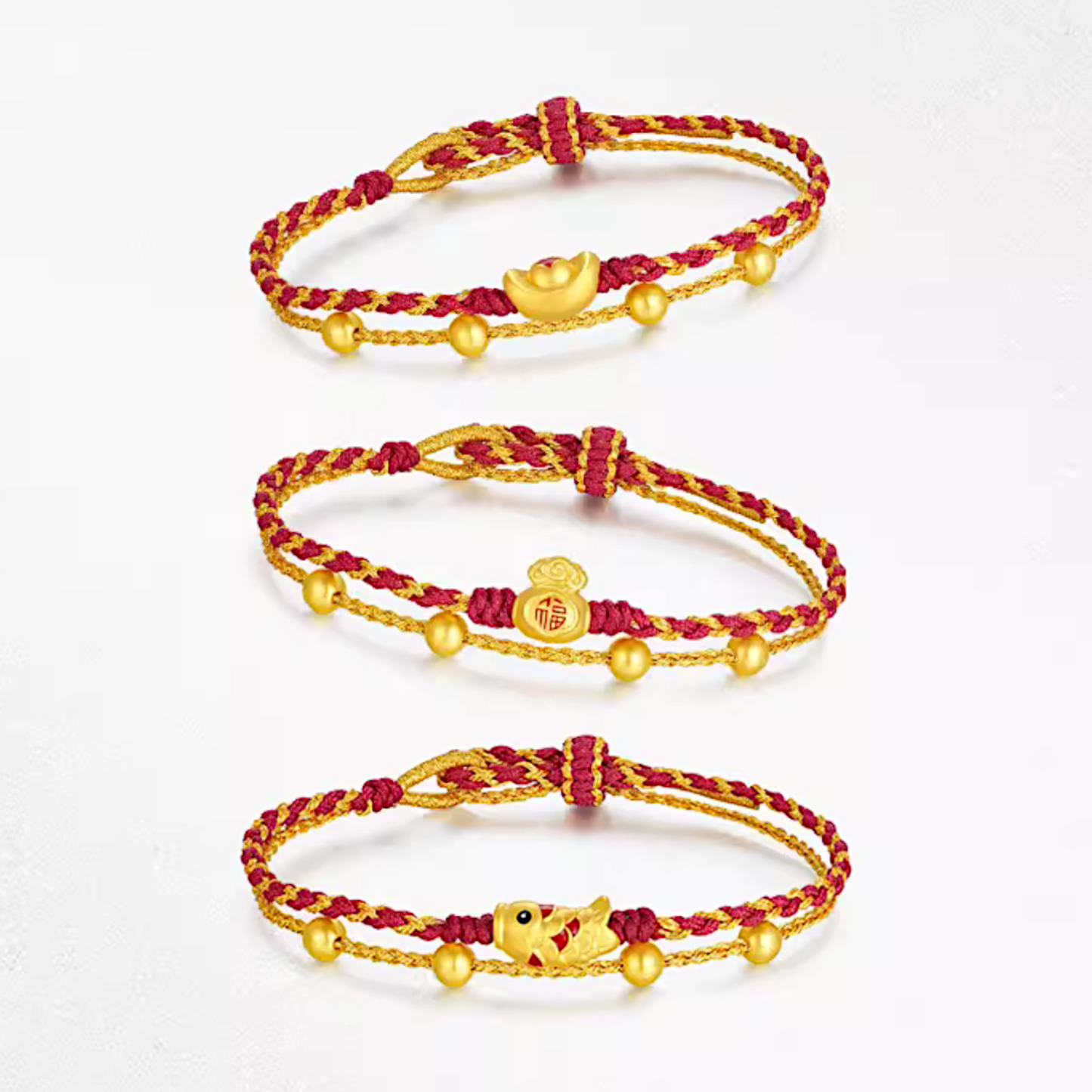 24K 999 Gold Enamel Ingot Pixiu Gourd Lucky Bag Charm Layer Rope Braided Bracelet