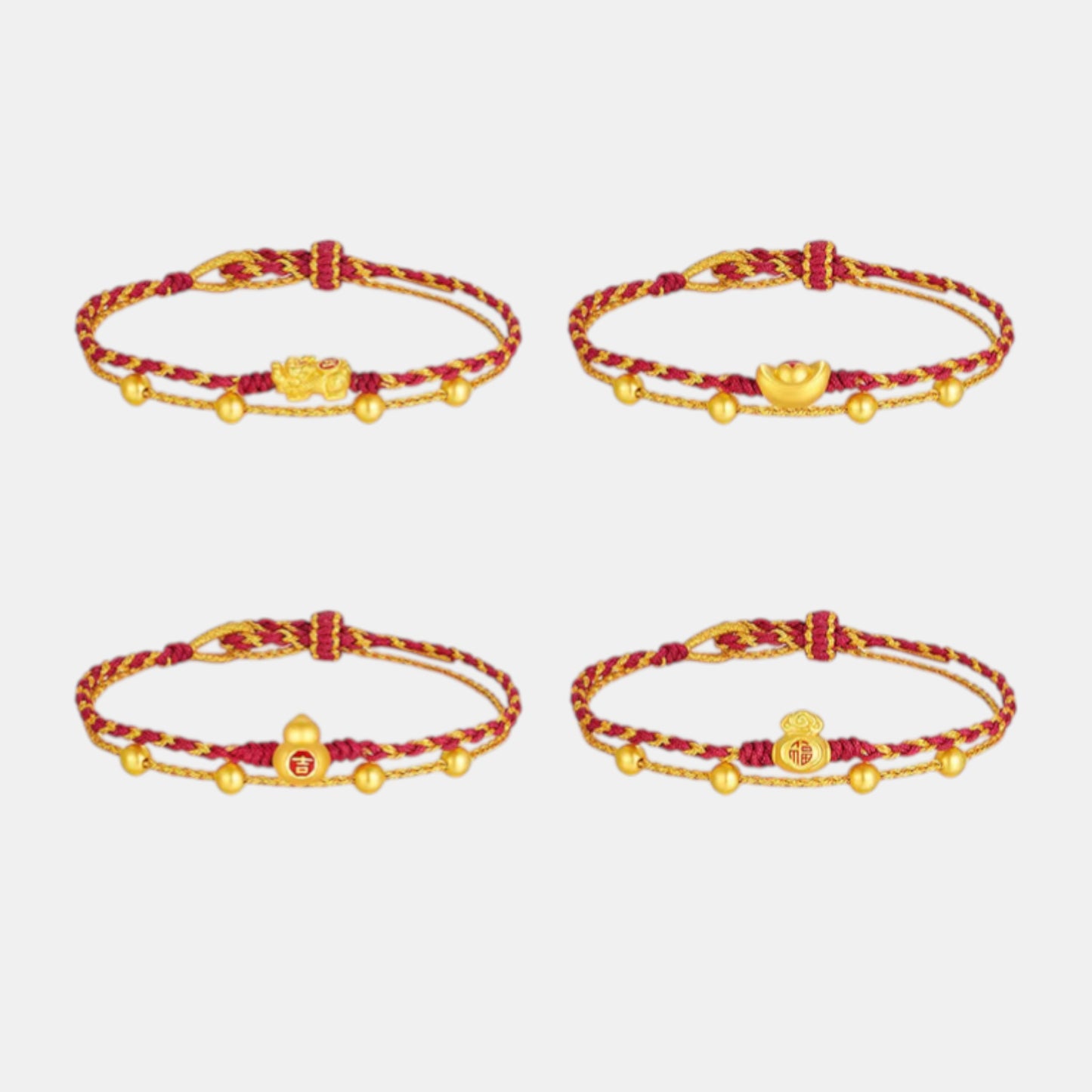 24K 999 Gold Enamel Ingot Pixiu Gourd Lucky Bag Charm Layer Rope Braided Bracelet