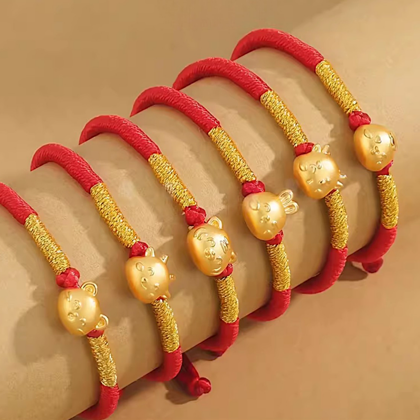 24K 999 Gold Chinese Zodiac Animal Charm Adjustable Rope Bracelet