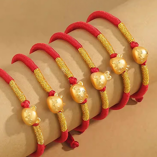 24K 999 Gold Chinese Zodiac Animal Charm Adjustable Rope Bracelet