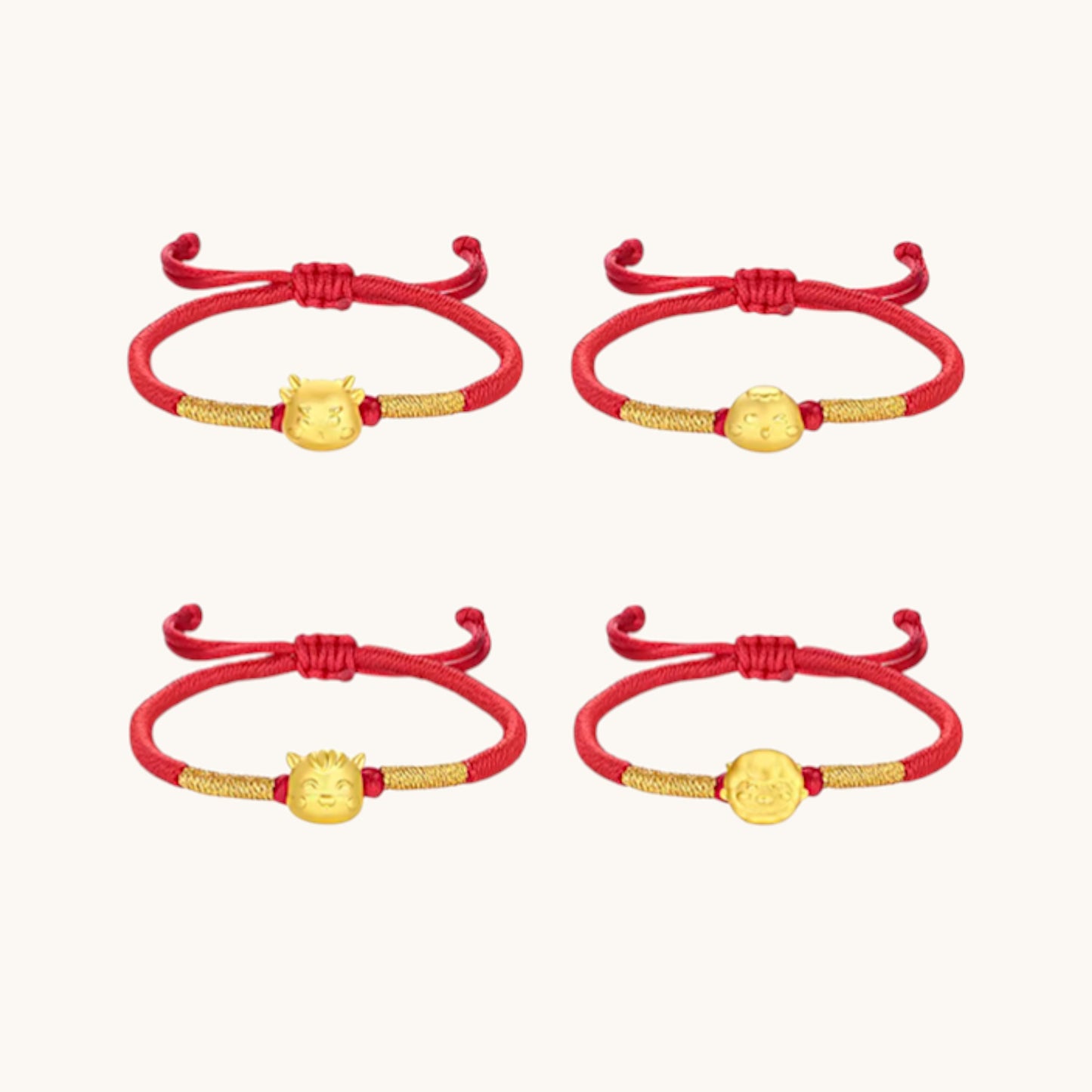 24K 999 Gold Chinese Zodiac Animal Charm Adjustable Rope Bracelet