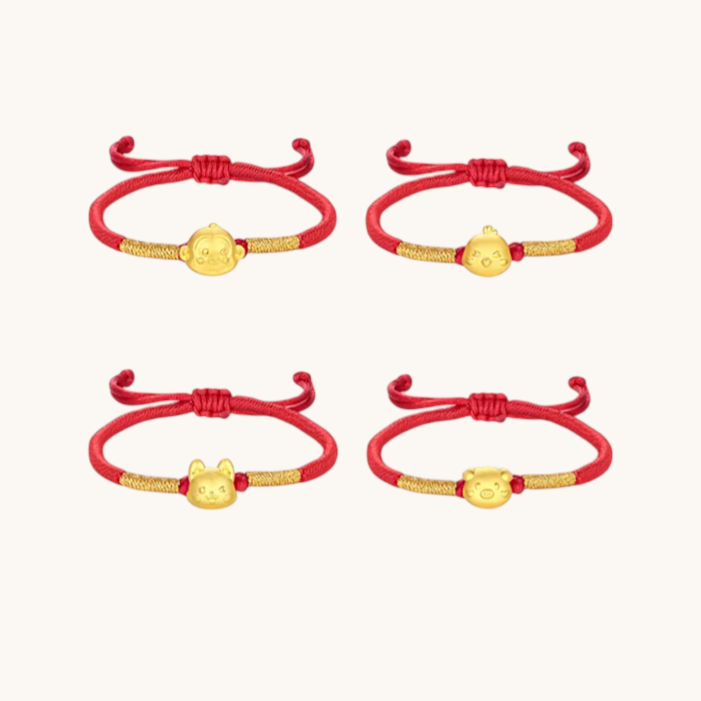 24K 999 Gold Chinese Zodiac Animal Charm Adjustable Rope Bracelet