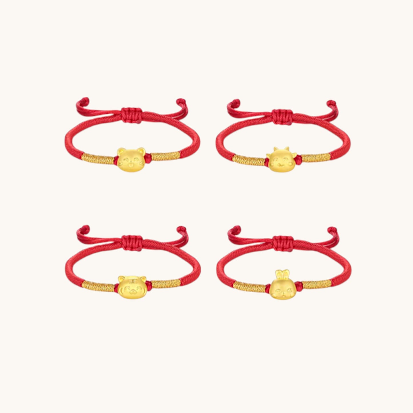 24K 999 Gold Chinese Zodiac Animal Charm Adjustable Rope Bracelet