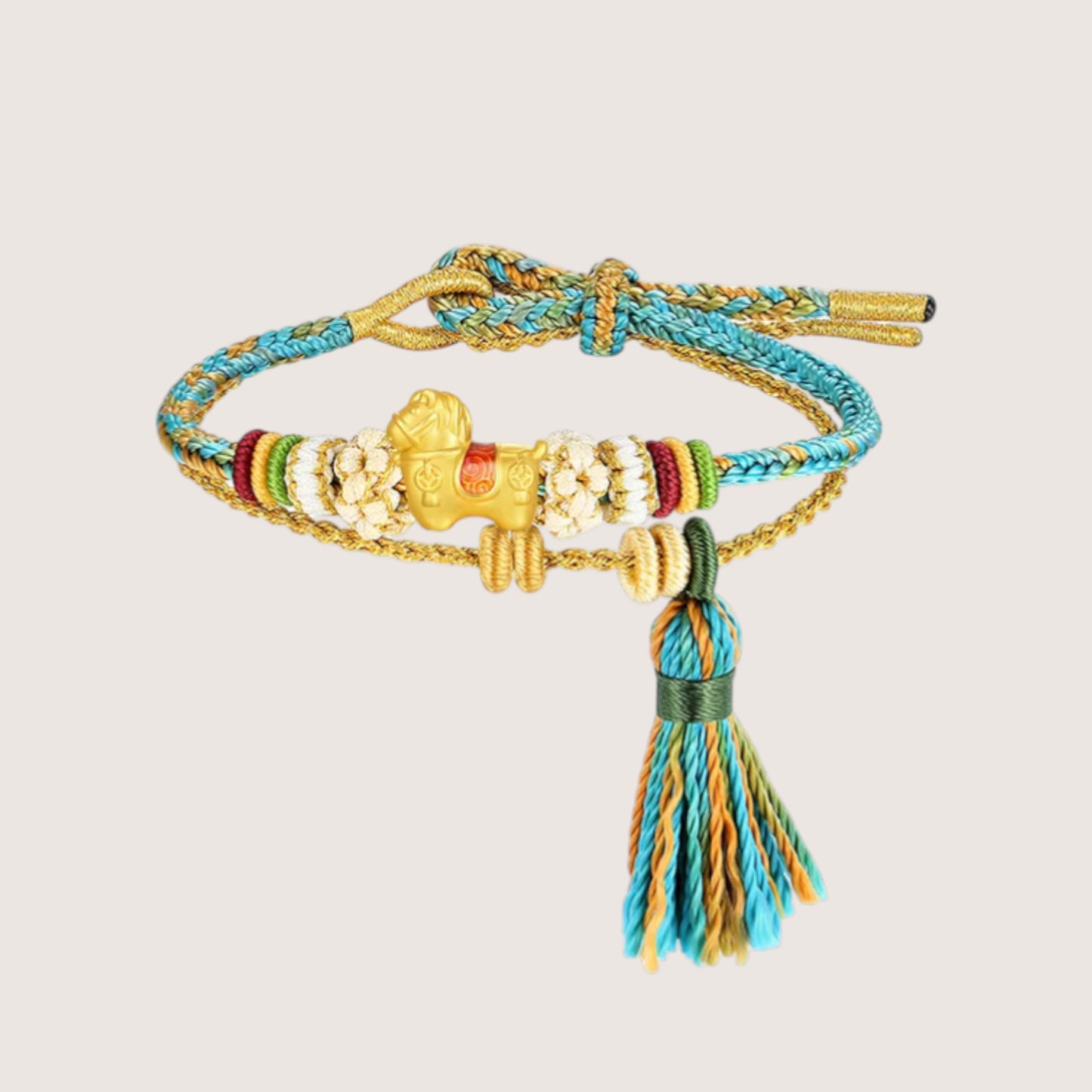 24K 999 Gold Enamel Horse Charm With Rope Braided Adjustable Bracelet