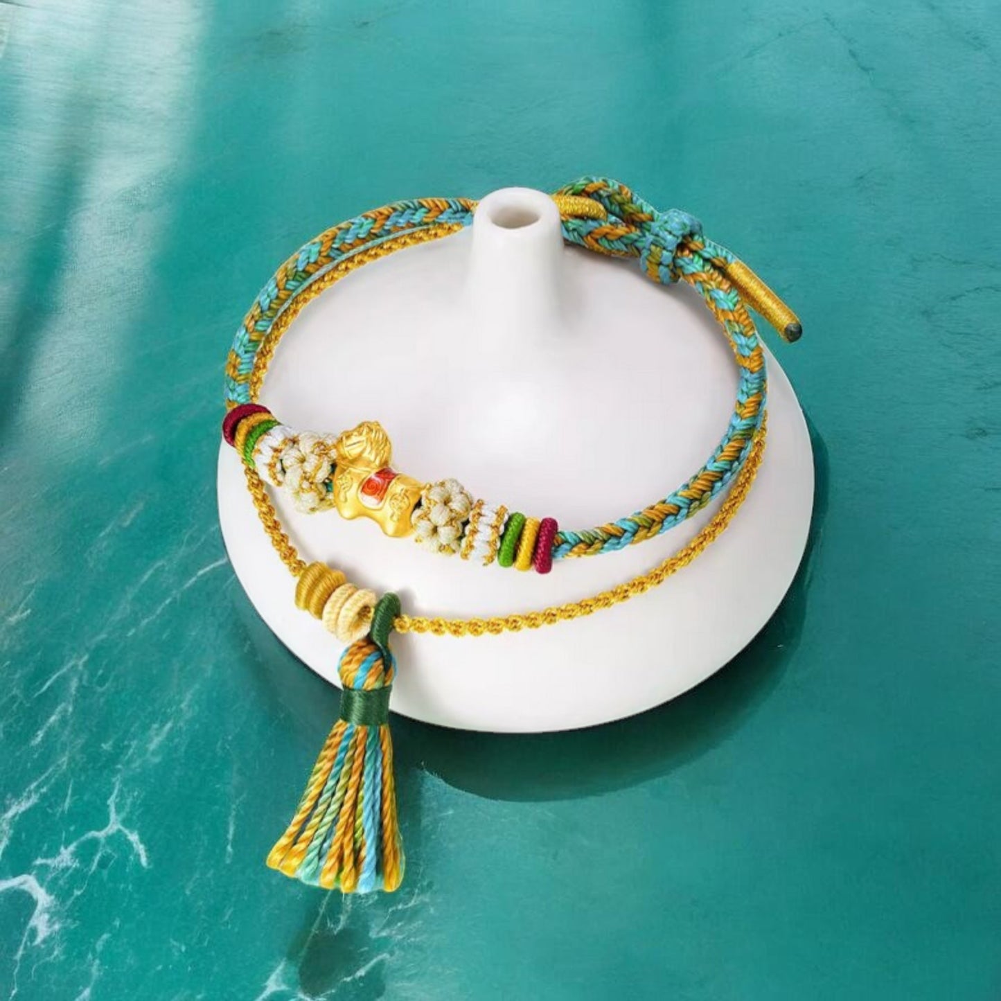24K 999 Gold Enamel Horse Charm With Rope Braided Adjustable Bracelet