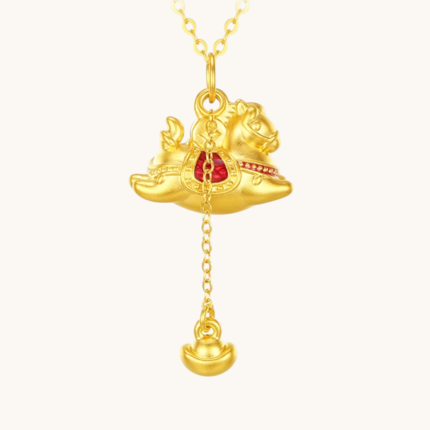 24k 999 Gold Zodiac Year of Horse Enamel Dangle Yuanbao Pendant