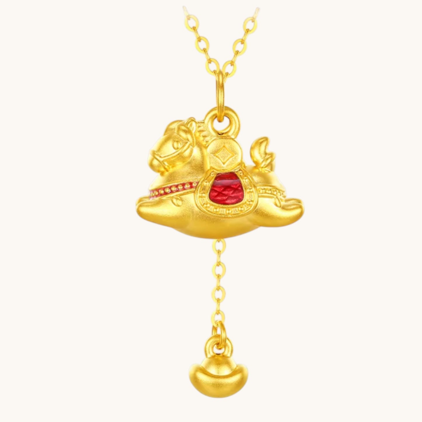 24k 999 Gold Zodiac Year of Horse Enamel Dangle Yuanbao Pendant