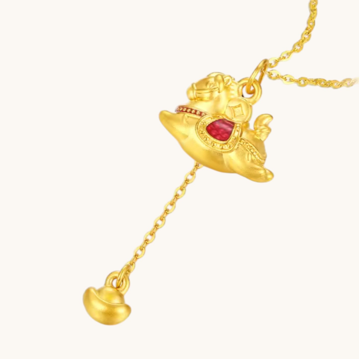 24k 999 Gold Zodiac Year of Horse Enamel Dangle Yuanbao Pendant