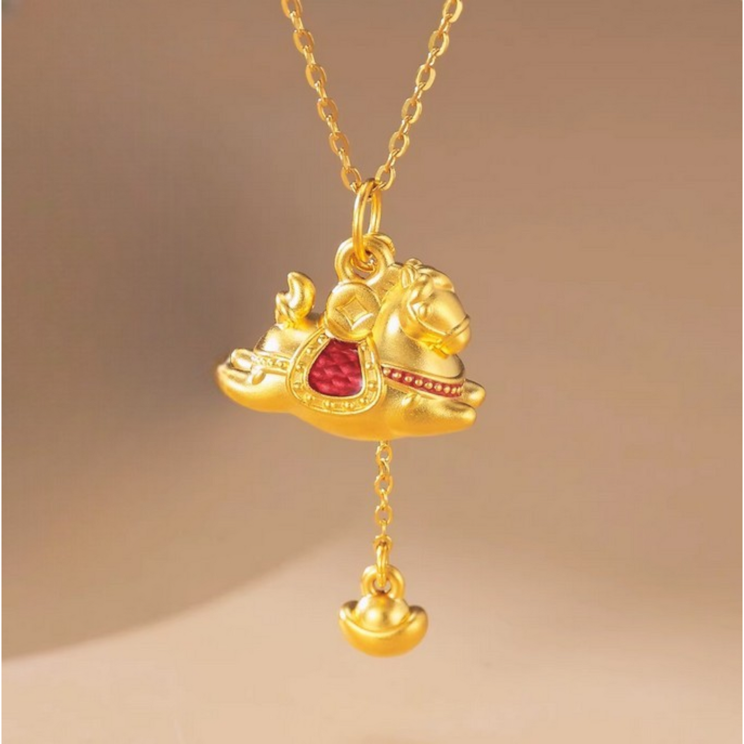 24k 999 Gold Zodiac Year of Horse Enamel Dangle Yuanbao Pendant