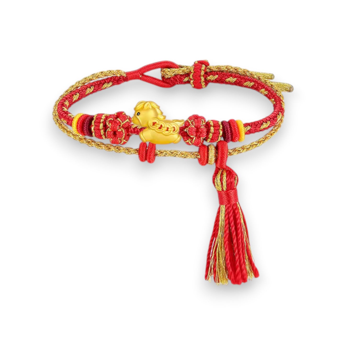 24K 999 Gold Enamel Horse Charm With Rope Braided Adjustable Bracelet