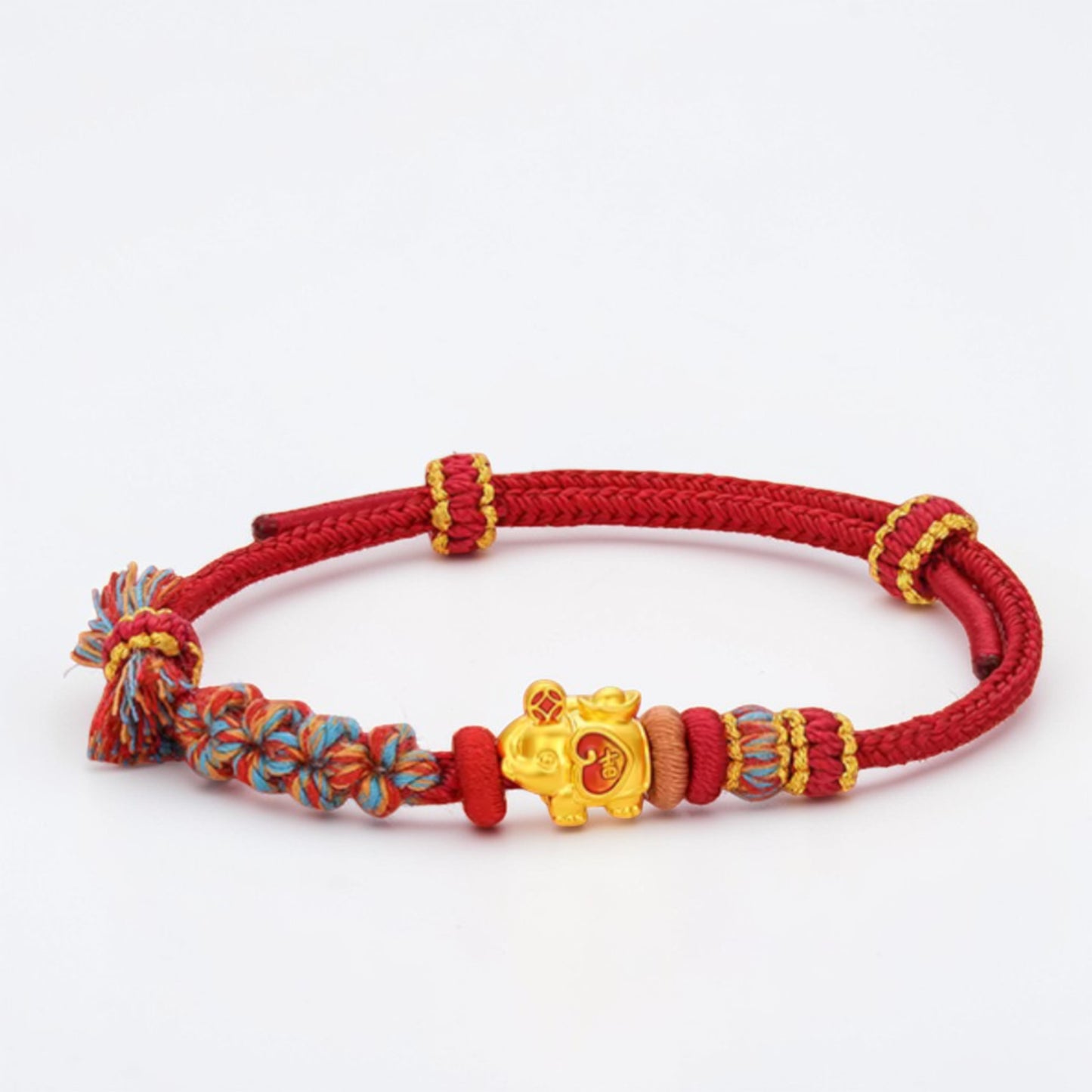 24K 999 Gold Enamel Elephant Charm with Braided Adjustable Bracelet