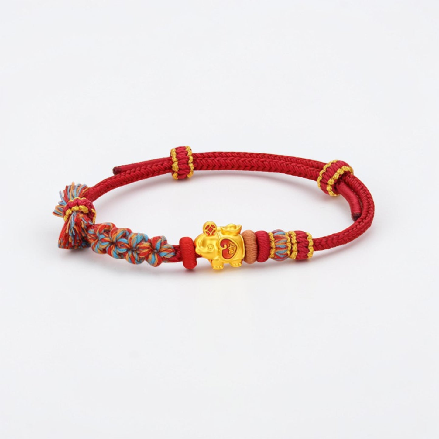 24K 999 Gold Enamel Elephant Charm with Braided Adjustable Bracelet