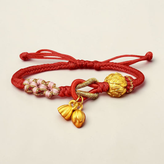 24K 999 Gold Lotus Flower Lucky Charm with Braided Adjustable Bracelet